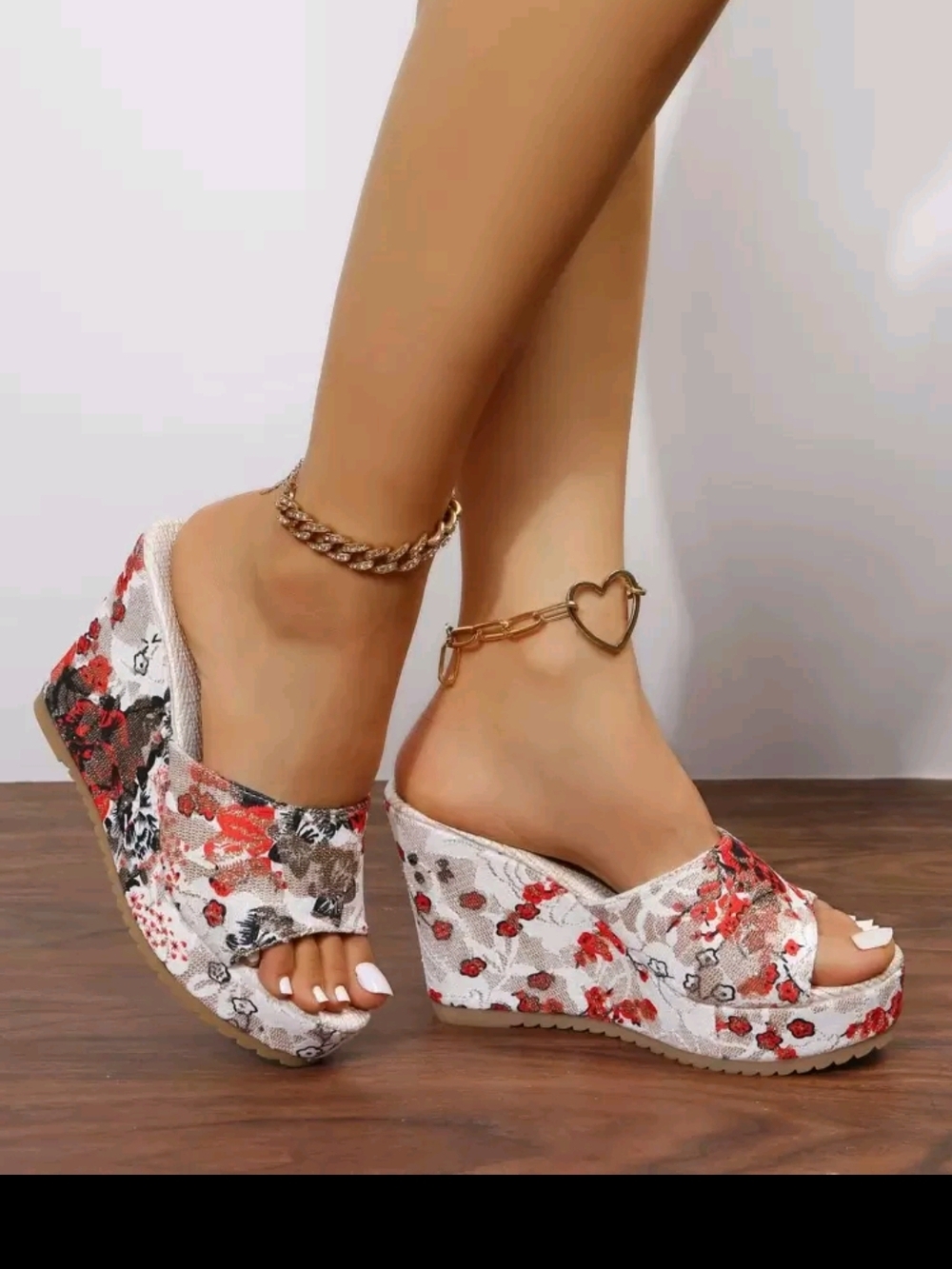 Floral Orange, Tan, Black & White Wedge Slide Sandals - Women's Fashion